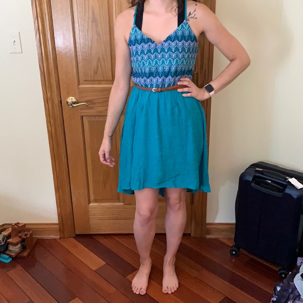 Teal high-low dress with belt